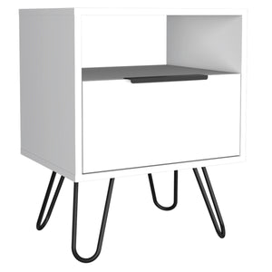 English Elm Nightstand With Open Shelf & Single-Door Cabinet, Stylish Hairpin Legs - Modern White Design For Small Spaces B097132926