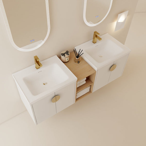 English Elm 60 Inch Modern Soft Close Bathroom Vanity Set With Ceramic Sink, Storage Shelves & Stylish Handles W999S00137