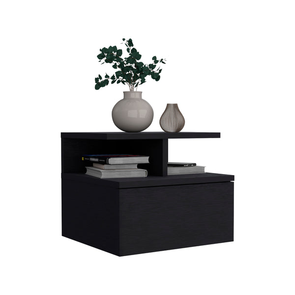 English Elm Floating Nightstand Sleek Wall-Mounted Cement-Look Organizer with Single Drawer and Two Shelves for Compact Bedrooms and Modern Minimalist Spaces Black 17.71 L x 17.32 W x 3.94 H B097133172
