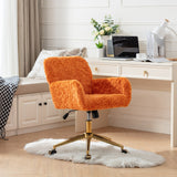 English Elm Office Chair,Artificial Rabbit Hair Home Office Chair With Golden Metal Base,Adjustable Desk Chair Swivel Office Chair,Vanity Chair(Orange)