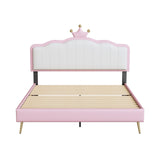Hearth and Haven Full Size Upholstered Princess Bed with Crown Headboard, Full Size Platform Bed with Headboard and Footboard with Light Strips, Golden Metal Legs, White+Pink WF315551AAH