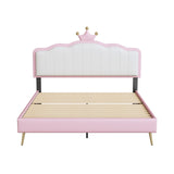 English Elm Full Size Upholstered Princess Bed With Crown Headboard,Full Size Platform Bed With Headboard and Footboard With Light Strips,Golden Metal Legs, White+Pink