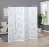 White Wood Room Divider, 4-Panel Circle Pattern, Sturdy Frame