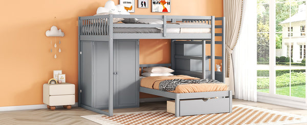 English Elm Full Over Twin Bunk Bed with Wardrobe Staircase Drawers for Shared Kids Rooms LT001606AAE