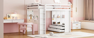 English Elm Full Size Loft Bed with Built-in Desk Shelves Led Lighting and Drawer Storage LT000367AAK