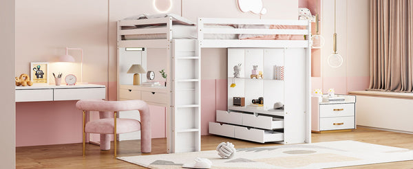 English Elm Full Size Loft Bed with Built-in Desk Shelves Led Lighting and Drawer Storage LT000367AAK