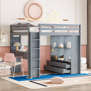 English Elm Full Size Loft Bed with Built-in Desk Shelves Led Lighting and Drawer Storage LT000367AAE