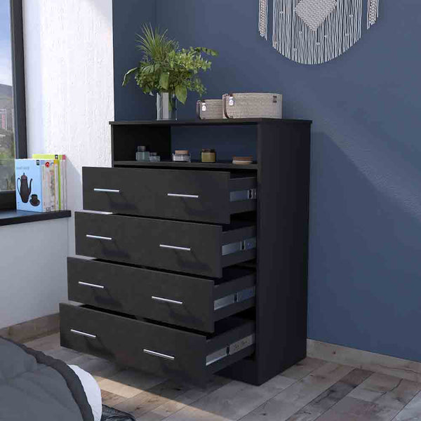 English Elm Four Drawer Dresser Wuju Black - Durable Particle Board, 4 Smooth Drawers, Open Shelf, Metal Hardware, 46"L B092S00144