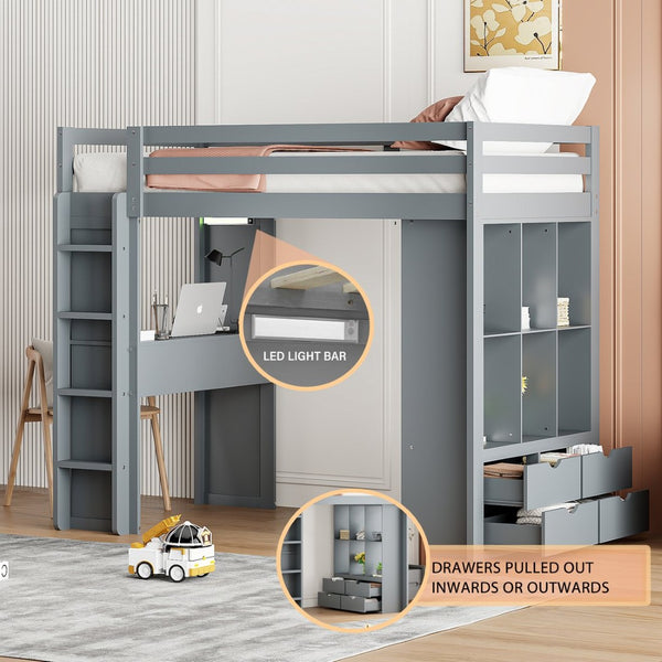 English Elm Twin Loft Bed with Built-in Desk Open Shelving and Led Lighting for Kids Rooms Gray LT000366AAE