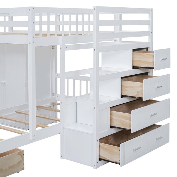 English Elm Full Over Twin Bunk Bed with Wardrobe Staircase Drawers for Shared Kids Rooms LT001606AAK