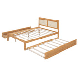 Lydia Full Size Bed with Rattan Headboard, Sockets and 2 Spacious Drawers, Walnut
