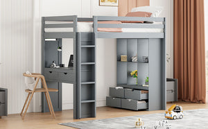 English Elm Twin Loft Bed with Built-in Desk Open Shelving and Led Lighting for Kids Rooms Gray LT000366AAE