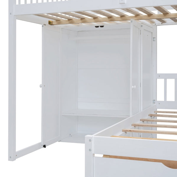 English Elm Full Over Twin Bunk Bed with Wardrobe Staircase Drawers for Shared Kids Rooms LT001606AAK