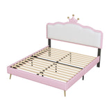 English Elm Full Size Upholstered Princess Bed With Crown Headboard,Full Size Platform Bed With Headboard and Footboard With Light Strips,Golden Metal Legs, White+Pink