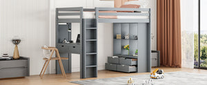 English Elm Twin Loft Bed with Built-in Desk Open Shelving and Led Lighting for Kids Rooms Gray LT000366AAE