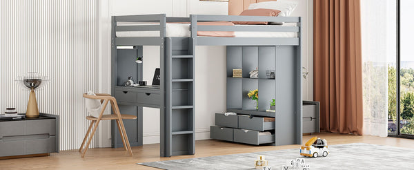 English Elm Twin Loft Bed with Built-in Desk Open Shelving and Led Lighting for Kids Rooms Gray LT000366AAE