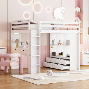 English Elm Full Size Loft Bed with Built-in Desk Shelves Led Lighting and Drawer Storage LT000367AAK