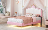 English Elm Twin Size Upholstered Princess Bed With Crown Headboard,Twin Size Platform Bed With Headboard and Footboard With Light Strips,Golden Metal Legs, White+Pink