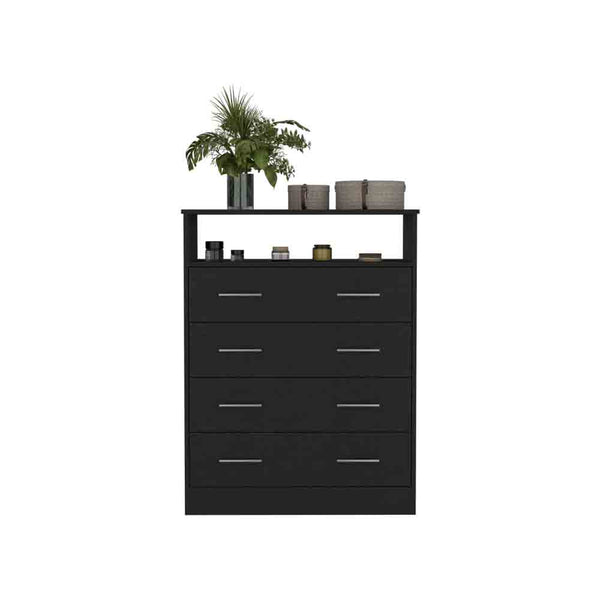 English Elm Four Drawer Dresser Wuju Black - Durable Particle Board, 4 Smooth Drawers, Open Shelf, Metal Hardware, 46"L B092S00144