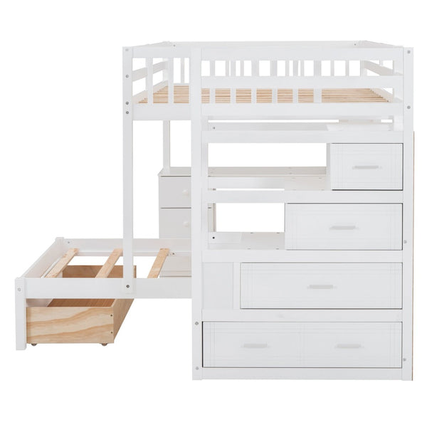 English Elm Full Over Twin Bunk Bed with Staircase Drawers Desk and Shelves in Gray White LT001605AAK-1