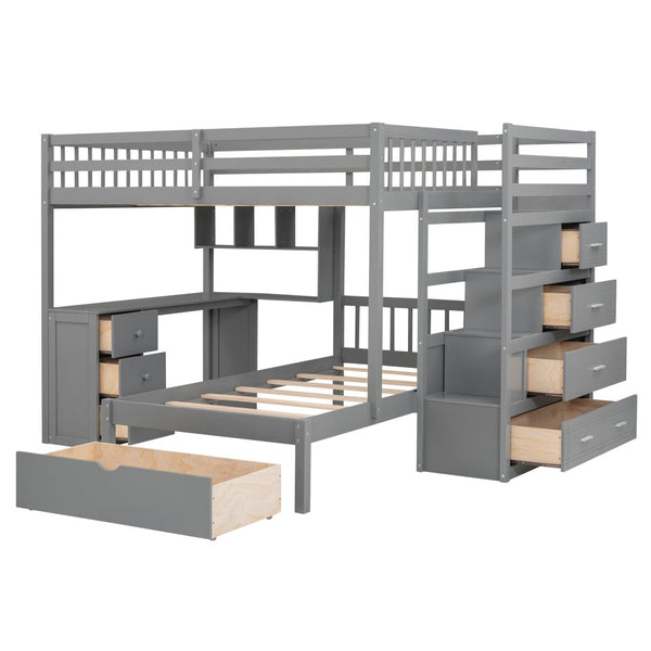 English Elm Full Over Twin Bunk Bed with Staircase Drawers Desk and Shelves in Gray Gray LT001605AAE-1