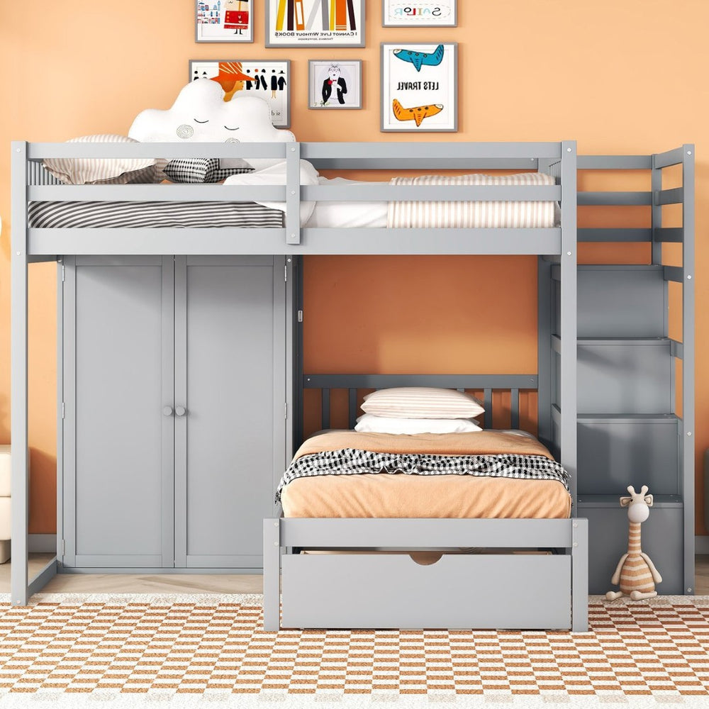 English Elm Full Over Twin Bunk Bed with Wardrobe Staircase Drawers for Shared Kids Rooms LT001606AAE