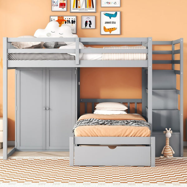 English Elm Full Over Twin Bunk Bed with Wardrobe Staircase Drawers for Shared Kids Rooms LT001606AAE