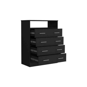 English Elm Four Drawer Dresser Wuju Black - Durable Particle Board, 4 Smooth Drawers, Open Shelf, Metal Hardware, 46"L B092S00144