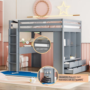 English Elm Full Size Loft Bed with Built-in Desk Shelves Led Lighting and Drawer Storage LT000367AAE