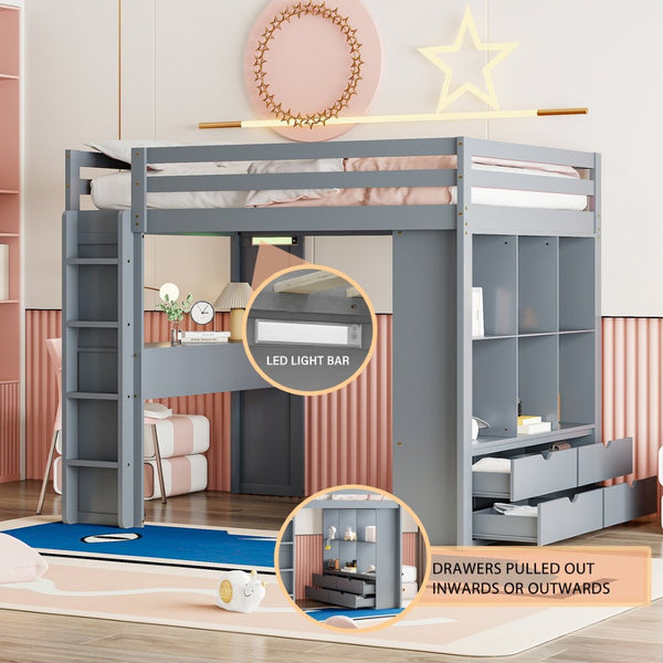 English Elm Full Size Loft Bed with Built-in Desk Shelves Led Lighting and Drawer Storage LT000367AAE