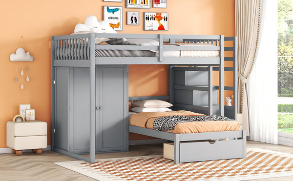 English Elm Full Over Twin Bunk Bed with Wardrobe Staircase Drawers for Shared Kids Rooms LT001606AAE