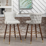 English Elm Nevis Mid-Century Modern Faux Leather Tufted Nailhead Trim Barstool Set Of 2, Off-White