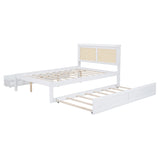 Lydia Full Size Bed with Rattan Headboard, Sockets and 2 Spacious Drawers, White