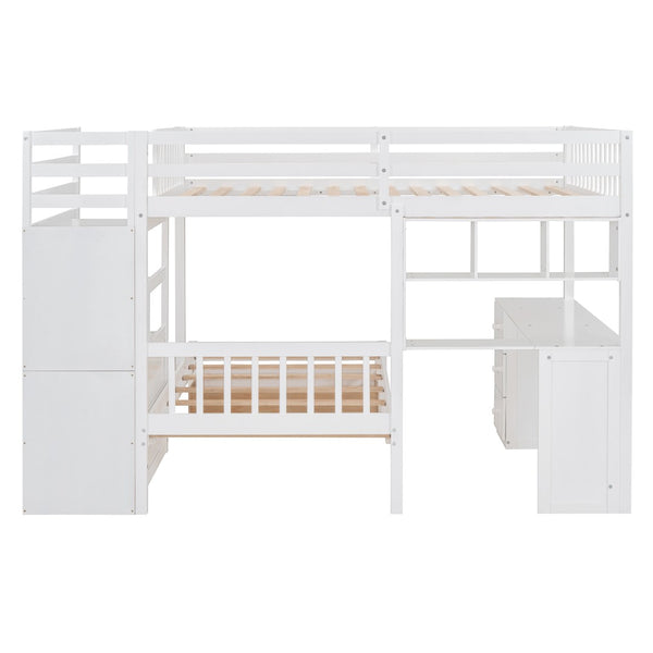 English Elm Full Over Twin Bunk Bed with Staircase Drawers Desk and Shelves in Gray White LT001605AAK-1