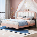 Full Size White/Pink Velvet Princess Bed, Bow-Knot Headboard