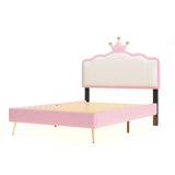 English Elm Twin Size Upholstered Princess Bed With Crown Headboard,Twin Size Platform Bed With Headboard and Footboard With Light Strips,Golden Metal Legs, White+Pink