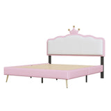 Hearth and Haven Full Size Upholstered Princess Bed with Crown Headboard, Full Size Platform Bed with Headboard and Footboard with Light Strips, Golden Metal Legs, White+Pink WF315551AAH