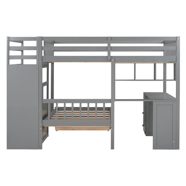 English Elm Full Over Twin Bunk Bed with Staircase Drawers Desk and Shelves in Gray Gray LT001605AAE-2