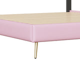 English Elm Twin Size Upholstered Princess Bed With Crown Headboard,Twin Size Platform Bed With Headboard and Footboard With Light Strips,Golden Metal Legs, White+Pink