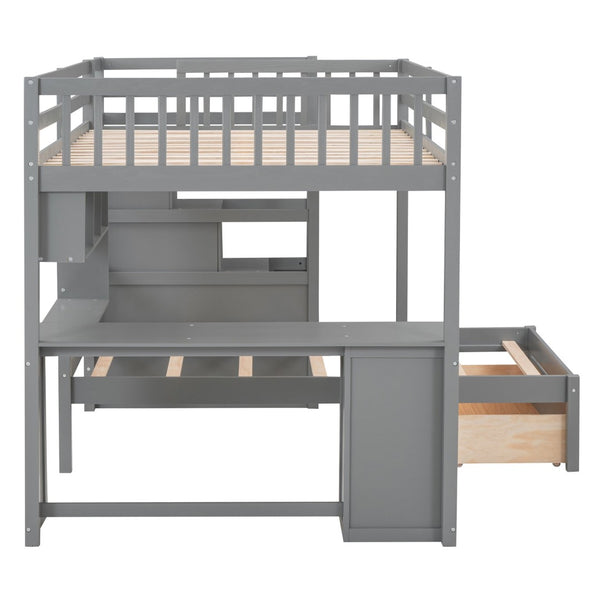 English Elm Full Over Twin Bunk Bed with Staircase Drawers Desk and Shelves in Gray LT001605AAE
