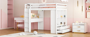 English Elm Full Size Loft Bed with Built-in Desk Shelves Led Lighting and Drawer Storage LT000367AAK