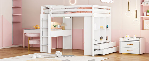English Elm Full Size Loft Bed with Built-in Desk Shelves Led Lighting and Drawer Storage LT000367AAK