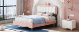 English Elm Twin Size Velvet Princess Bed With Bow-Knot Headboard,Twin Size Platform Bed With Headboard and Footboard,White+Pink