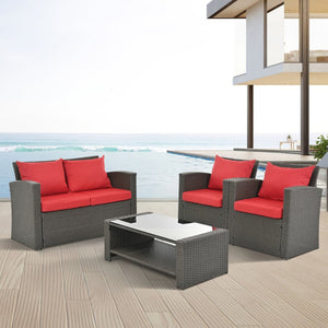 English Elm Patio Furniture Sets - Stylish Red Pe Wicker Lounge Set With Plush Cushions & Tempered Glass Tabletop W1703S00009-GIGA