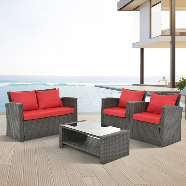 English Elm Patio Furniture Sets - Stylish Red Pe Wicker Lounge Set With Plush Cushions & Tempered Glass Tabletop W1703S00009-GIGA