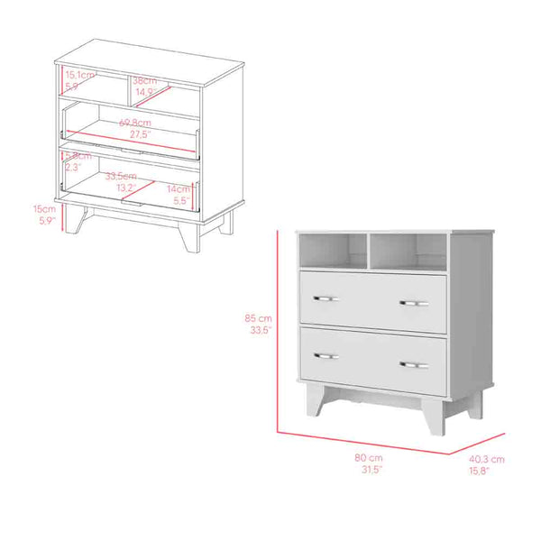 English Elm Double Drawer Dresser Arabi White - Durable Particle Board, Two Shelves & Spacious Drawers, Modern Storage Solution B092S00009