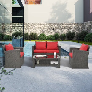 English Elm Patio Furniture Sets - Stylish Red Pe Wicker Lounge Set With Plush Cushions & Tempered Glass Tabletop W1703S00009-GIGA
