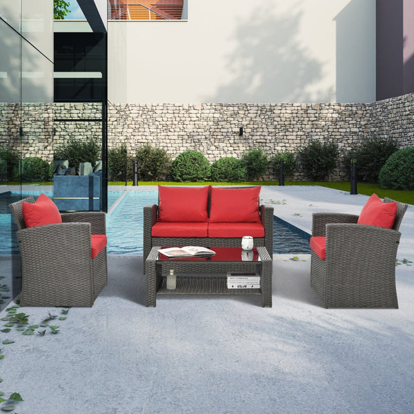 English Elm Patio Furniture Sets - Stylish Red Pe Wicker Lounge Set With Plush Cushions & Tempered Glass Tabletop W1703S00009-GIGA