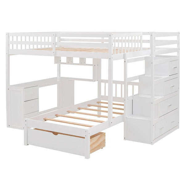 English Elm Full Over Twin Bunk Bed with Staircase Drawers Desk and Shelves in Gray White LT001605AAK-1