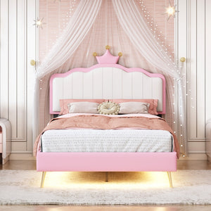 English Elm Twin Size Upholstered Princess Bed With Crown Headboard,Twin Size Platform Bed With Headboard and Footboard With Light Strips,Golden Metal Legs, White+Pink